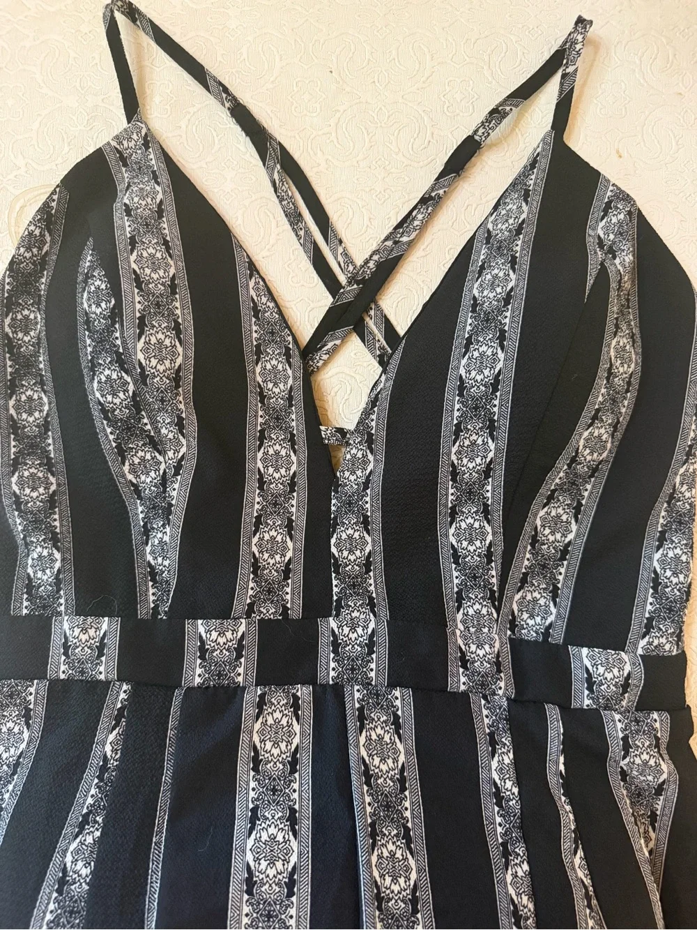 Black & White Striped V‑Neck Spaghetti‑Strap Jumpsuit